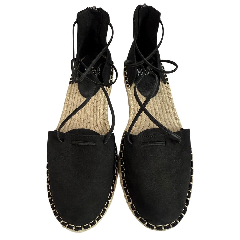 Eileen Fisher Leather Espadrille Sandals Black and Jute Size 6 Zippered